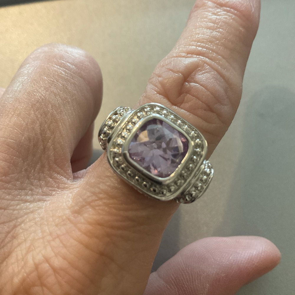 Silver Simulated Amethyst Statement Ring - Size 8… - image 5